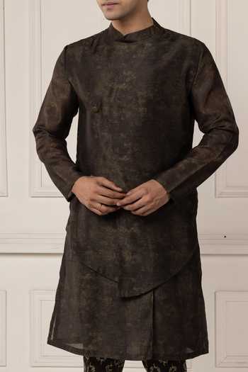 Buy_POONAM KASERA_Olive Green Chanderi Layered Kurta Set 
