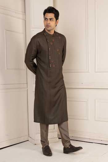 POONAM KASERA Brown Silk, Dupion Lotus Motif Kurta Set Online at Aza Fashions POONAM KASERA_Brown Silk, Dupion Lotus Motif Kurta Set _Online_at_Aza_Fashions