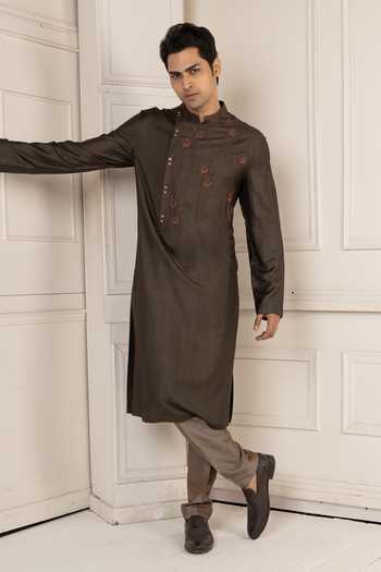Buy POONAM KASERA Brown Silk, Dupion Lotus Motif Kurta Set Online at Aza Fashions Buy_POONAM KASERA_Brown Silk, Dupion Lotus Motif Kurta Set _Online_at_Aza_Fashions