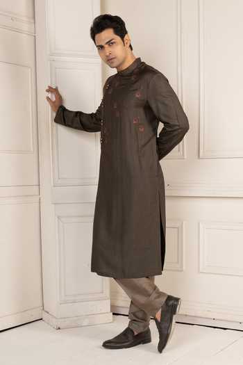 Shop POONAM KASERA Brown Silk, Dupion Lotus Motif Kurta Set Online at Aza Fashions Shop_POONAM KASERA_Brown Silk, Dupion Lotus Motif Kurta Set _Online_at_Aza_Fashions
