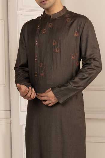 POONAM KASERA Brown Silk, Dupion Lotus Motif Kurta Set at Aza Fashions POONAM KASERA_Brown Silk, Dupion Lotus Motif Kurta Set _at_Aza_Fashions