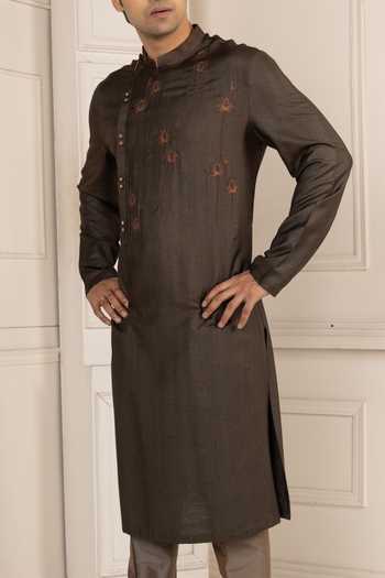Buy POONAM KASERA Brown Silk, Dupion Lotus Motif Kurta Set Buy_POONAM KASERA_Brown Silk, Dupion Lotus Motif Kurta Set