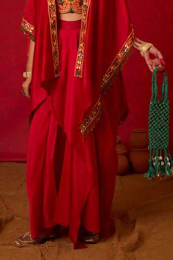 Nitara Dhanraj Label_Red , Crepe, Chanderi V-neck Embroidered Cape Skirt Set _Online_at_Aza_Fashions