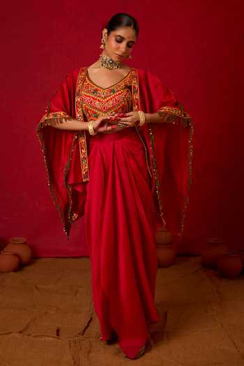Buy_Nitara Dhanraj Label_Red , Crepe, Chanderi V-neck Embroidered Cape Skirt Set _Online_at_Aza_Fashions