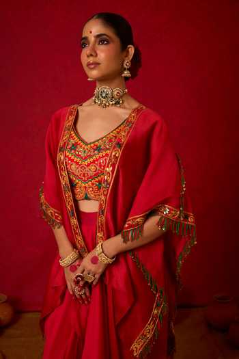 Shop_Nitara Dhanraj Label_Red , Crepe, Chanderi V-neck Embroidered Cape Skirt Set _Online_at_Aza_Fashions