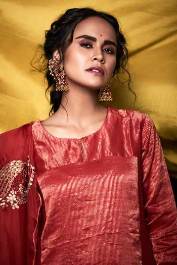 Buy_Pink City by Sarika_Red Organza, Chanderi Round Neck, Yes Peacock Embroidered Kurta Set _Online_at_Aza_Fashions