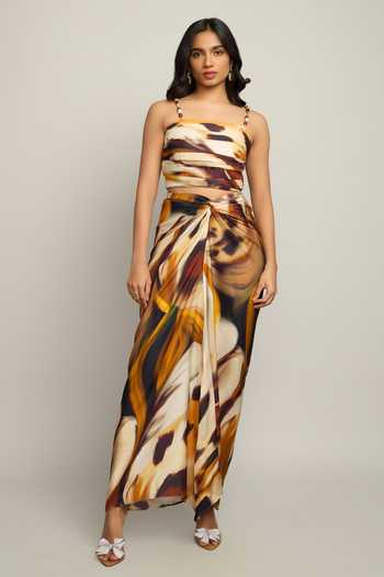 Poppi Yellow Silk, Bemberg Bandeau Neck Printed Top And Skirt Set Online at Aza Fashions Poppi_Yellow Silk, Bemberg Bandeau Neck Printed Top And Skirt Set _Online_at_Aza_Fashions