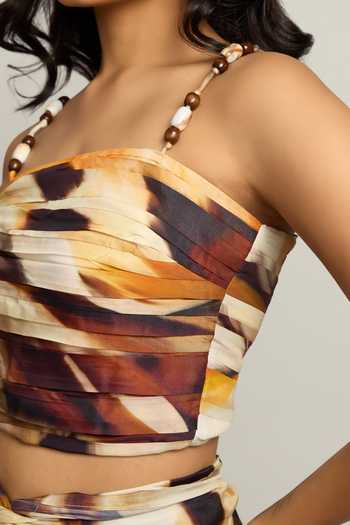 Poppi Yellow Silk, Bemberg Bandeau Neck Printed Top And Skirt Set at Aza Fashions Poppi_Yellow Silk, Bemberg Bandeau Neck Printed Top And Skirt Set _at_Aza_Fashions