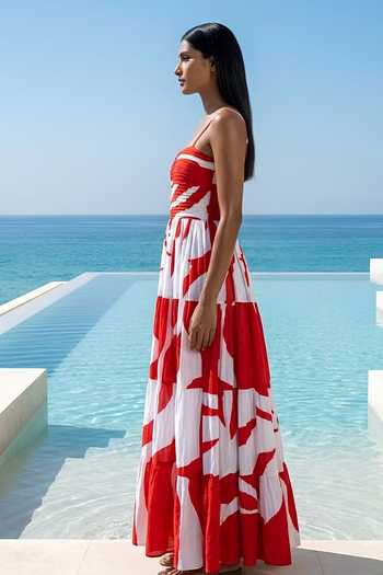 Poppi White Silk, Bemberg Bandeau Neck Floral Print Dress Online at Aza Fashions Poppi_White Silk, Bemberg Bandeau Neck Floral Print Dress _Online_at_Aza_Fashions