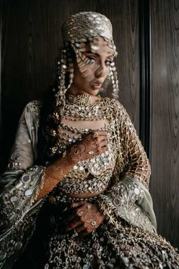 Itrh_Green Silk, Tissue, Lampi Mirrors Tarakini Embellished Bridal Lehenga Set _Online_at_Aza_Fashions