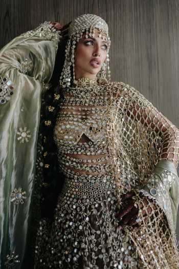Shop_Itrh_Green Silk, Tissue, Lampi Mirrors Tarakini Embellished Bridal Lehenga Set _Online_at_Aza_Fashions