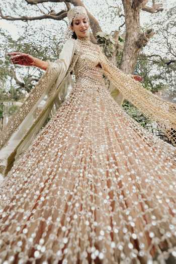 Itrh_Green Silk, Tissue, Lampi Mirrors Tarakini Embellished Bridal Lehenga Set _at_Aza_Fashions