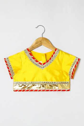 Shop_Byb Premium_Yellow Kota Doria Sequins, Embroidery, Embellished Top And Orange Skirt Set _Online_at_Aza_Fashions