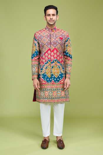 Shop Arihant Rai Sinha Multi Color Georgette Sequin Embroidered Sherwani Jacket And Pant Set Online at Aza Fashions Shop_Arihant Rai Sinha_Multi Color Georgette Sequin Embroidered Sherwani Jacket And Pant Set _Online_at_Aza_Fashions
