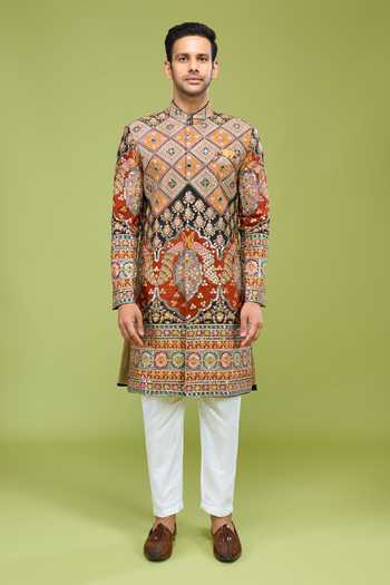 Shop Arihant Rai Sinha Multi Color Georgette Zari Embroidered Sherwani And Pant Set Online at Aza Fashions Shop_Arihant Rai Sinha_Multi Color Georgette Zari Embroidered Sherwani And Pant Set _Online_at_Aza_Fashions