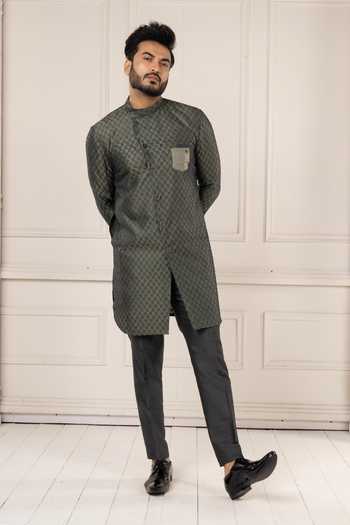 POONAM KASERA_Olive Green Silk Ikat Woven Kurta Set _Online_at_Aza_Fashions