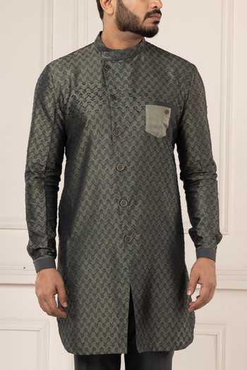 Buy_POONAM KASERA_Olive Green Silk Ikat Woven Kurta Set _Online_at_Aza_Fashions