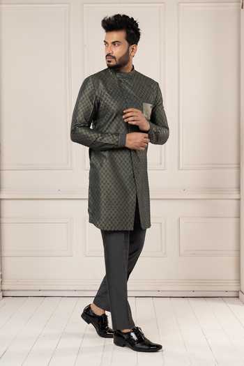 POONAM KASERA_Olive Green Silk Ikat Woven Kurta Set _at_Aza_Fashions