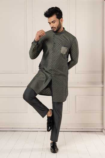 Buy_POONAM KASERA_Olive Green Silk Ikat Woven Kurta Set 