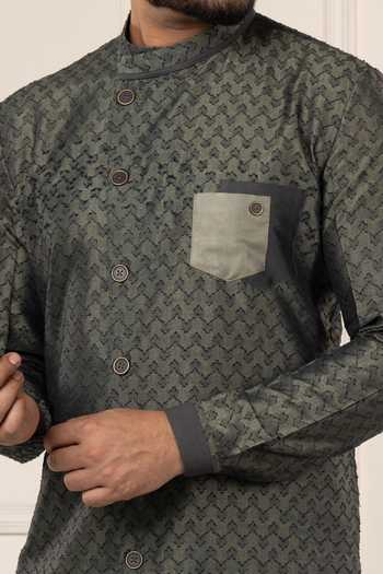Shop_POONAM KASERA_Olive Green Silk Ikat Woven Kurta Set 