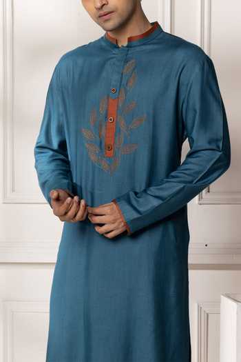 Buy_POONAM KASERA_Blue Silk, Dupion Embroidered Kurta Set _Online_at_Aza_Fashions