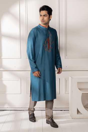 Shop_POONAM KASERA_Blue Silk, Dupion Embroidered Kurta Set _Online_at_Aza_Fashions