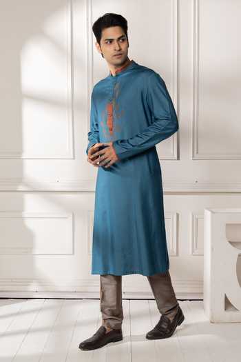 POONAM KASERA_Blue Silk, Dupion Embroidered Kurta Set _at_Aza_Fashions