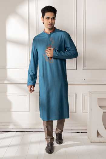 Buy_POONAM KASERA_Blue Silk, Dupion Embroidered Kurta Set 
