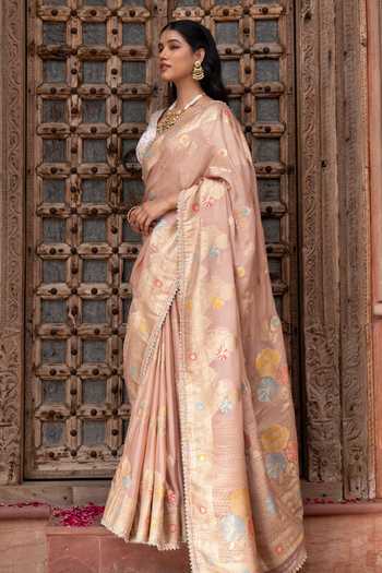 Buy Zal From Benaras Pink Chiffon Handloom Saree With Unstitched Blouse Fabric Online at Aza Fashions Buy_Zal From Benaras_Pink Chiffon Handloom Saree With Unstitched Blouse Fabric _Online_at_Aza_Fashions