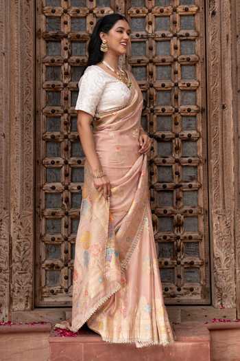 Shop Zal From Benaras Pink Chiffon Handloom Saree With Unstitched Blouse Fabric Online at Aza Fashions Shop_Zal From Benaras_Pink Chiffon Handloom Saree With Unstitched Blouse Fabric _Online_at_Aza_Fashions