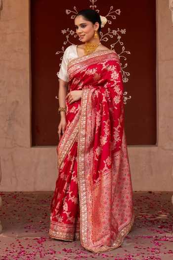 Buy Zal From Benaras Red Silk Handloom Saree With Unstitched Blouse Fabric Online at Aza Fashions Buy_Zal From Benaras_Red Silk Handloom Saree With Unstitched Blouse Fabric _Online_at_Aza_Fashions