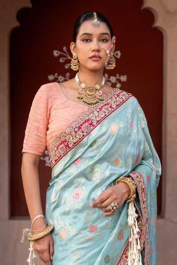 Zal From Benaras Sky Blue Silk Handloom Saree With Unstitched Blouse Fabric Online at Aza Fashions Zal From Benaras_Sky Blue Silk Handloom Saree With Unstitched Blouse Fabric _Online_at_Aza_Fashions