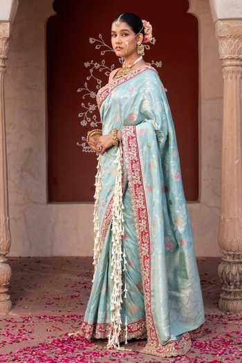 Buy Zal From Benaras Sky Blue Silk Handloom Saree With Unstitched Blouse Fabric Online at Aza Fashions Buy_Zal From Benaras_Sky Blue Silk Handloom Saree With Unstitched Blouse Fabric _Online_at_Aza_Fashions
