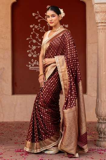 Zal From Benaras_Maroon Chiffon Handloom Saree With Unstitched Blouse Fabric _Online_at_Aza_Fashions