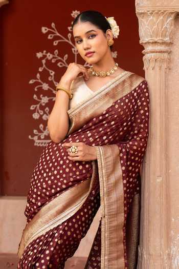 Buy_Zal From Benaras_Maroon Chiffon Handloom Saree With Unstitched Blouse Fabric _Online_at_Aza_Fashions