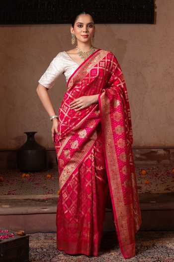 Zal From Benaras Ghatchola Handloom Saree With Unstitched Blouse Fabric 