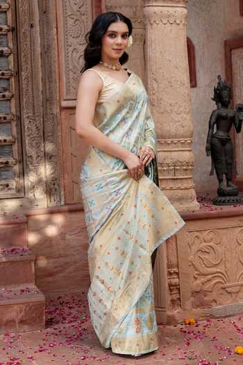 Zal From Benaras Sky Blue Silk Ghatchola Handloom Saree With Unstitched Blouse Fabric Online at Aza Fashions Zal From Benaras_Sky Blue Silk Ghatchola Handloom Saree With Unstitched Blouse Fabric _Online_at_Aza_Fashions