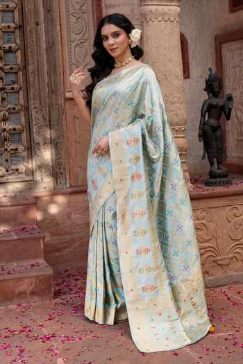 Buy Zal From Benaras Sky Blue Silk Ghatchola Handloom Saree With Unstitched Blouse Fabric Online at Aza Fashions Buy_Zal From Benaras_Sky Blue Silk Ghatchola Handloom Saree With Unstitched Blouse Fabric _Online_at_Aza_Fashions