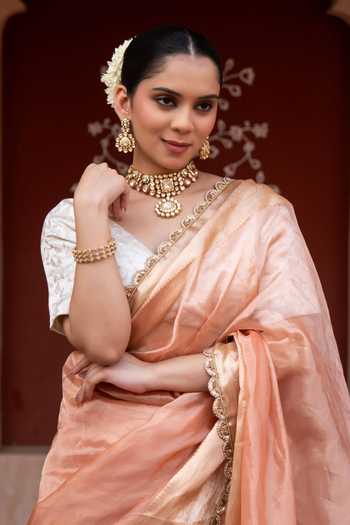 Zal From Benaras Peach Silk, Tissue Banarasi Handloom Saree With Unstitched Blouse Fabric Online at Aza Fashions Zal From Benaras_Peach Silk, Tissue Banarasi Handloom Saree With Unstitched Blouse Fabric _Online_at_Aza_Fashions