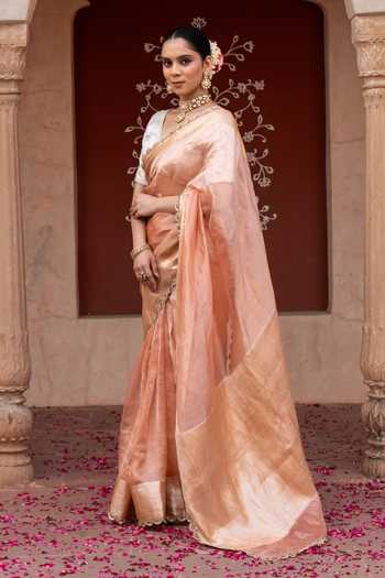 Buy Zal From Benaras Peach Silk, Tissue Banarasi Handloom Saree With Unstitched Blouse Fabric Online at Aza Fashions Buy_Zal From Benaras_Peach Silk, Tissue Banarasi Handloom Saree With Unstitched Blouse Fabric _Online_at_Aza_Fashions