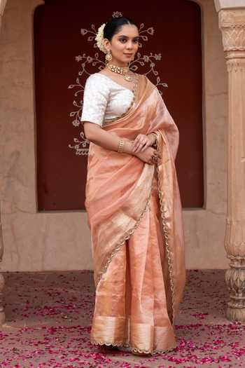 Shop Zal From Benaras Peach Silk, Tissue Banarasi Handloom Saree With Unstitched Blouse Fabric Online at Aza Fashions Shop_Zal From Benaras_Peach Silk, Tissue Banarasi Handloom Saree With Unstitched Blouse Fabric _Online_at_Aza_Fashions
