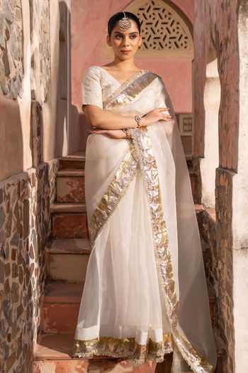 Buy Zal From Benaras Gold Organza Gota Border Saree With Unstitched Blouse Fabric Online at Aza Fashions Buy_Zal From Benaras_Gold Organza Gota Border Saree With Unstitched Blouse Fabric _Online_at_Aza_Fashions