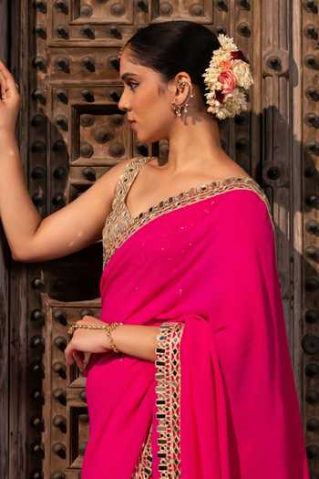 Zal From Benaras Fuchsia Georgette Mirror Border Saree With Unstitched Blouse Fabric Online at Aza Fashions Zal From Benaras_Fuchsia Georgette Mirror Border Saree With Unstitched Blouse Fabric _Online_at_Aza_Fashions