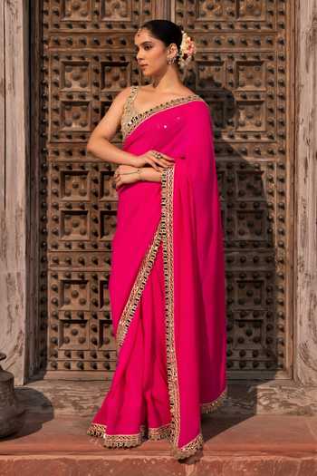 Buy Zal From Benaras Fuchsia Georgette Mirror Border Saree With Unstitched Blouse Fabric Online at Aza Fashions Buy_Zal From Benaras_Fuchsia Georgette Mirror Border Saree With Unstitched Blouse Fabric _Online_at_Aza_Fashions