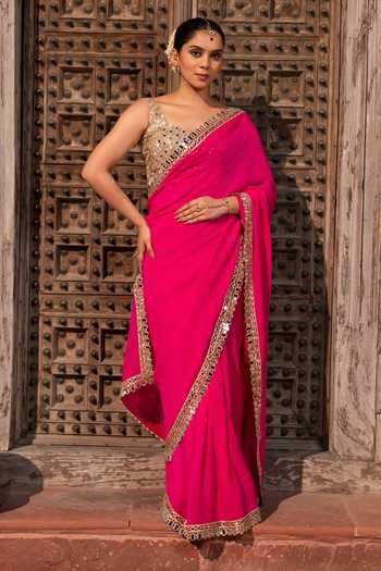 Zal From Benaras Mirror Border Saree With Unstitched Blouse Fabric 