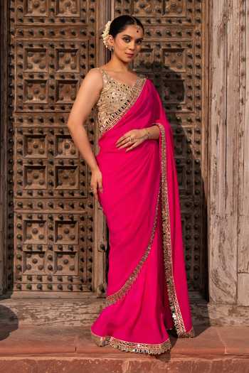 Shop Zal From Benaras Fuchsia Georgette Mirror Border Saree With Unstitched Blouse Fabric Online at Aza Fashions Shop_Zal From Benaras_Fuchsia Georgette Mirror Border Saree With Unstitched Blouse Fabric _Online_at_Aza_Fashions