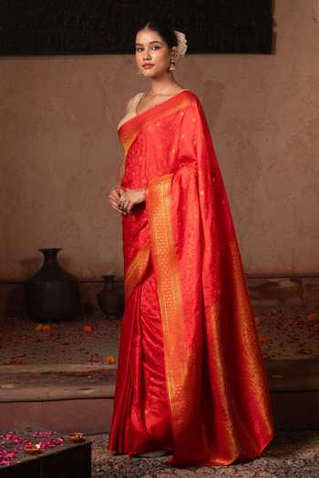 Buy Zal From Benaras Red Silk Handloom Saree With Unstitched Blouse Fabric Online at Aza Fashions Buy_Zal From Benaras_Red Silk Handloom Saree With Unstitched Blouse Fabric _Online_at_Aza_Fashions