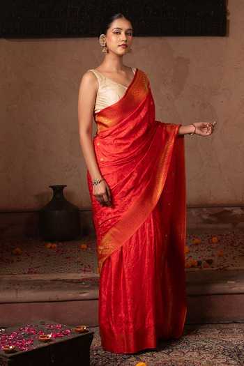 Shop Zal From Benaras Red Silk Handloom Saree With Unstitched Blouse Fabric Online at Aza Fashions Shop_Zal From Benaras_Red Silk Handloom Saree With Unstitched Blouse Fabric _Online_at_Aza_Fashions