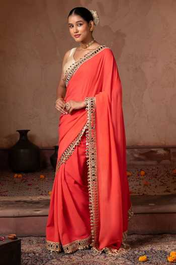 Zal From Benaras Orange Georgette Mirror Border Saree With Unstitched Blouse Fabric Online at Aza Fashions Zal From Benaras_Orange Georgette Mirror Border Saree With Unstitched Blouse Fabric _Online_at_Aza_Fashions