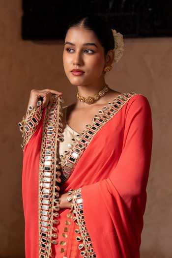 Buy Zal From Benaras Orange Georgette Mirror Border Saree With Unstitched Blouse Fabric Online at Aza Fashions Buy_Zal From Benaras_Orange Georgette Mirror Border Saree With Unstitched Blouse Fabric _Online_at_Aza_Fashions